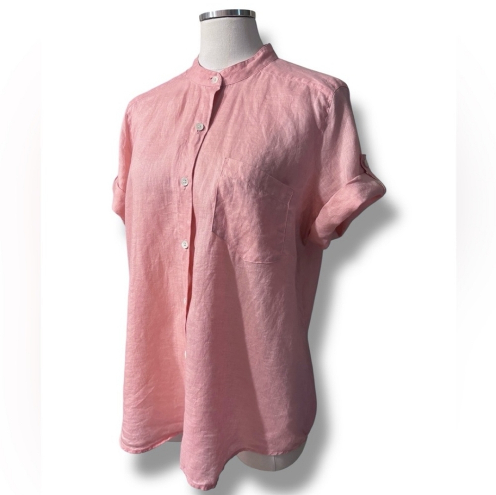 J. JILL Pink Linen Short Sleeve Roll Tab Button Front Shirt with Band Collar